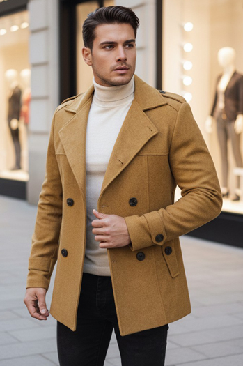 Moški plašč z dvojnim zapenjanjem Barva kamela DSTREET CX0443