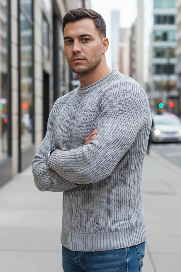 Moški klasičen pulover Barva Svetlosiva DSTREET WX1989