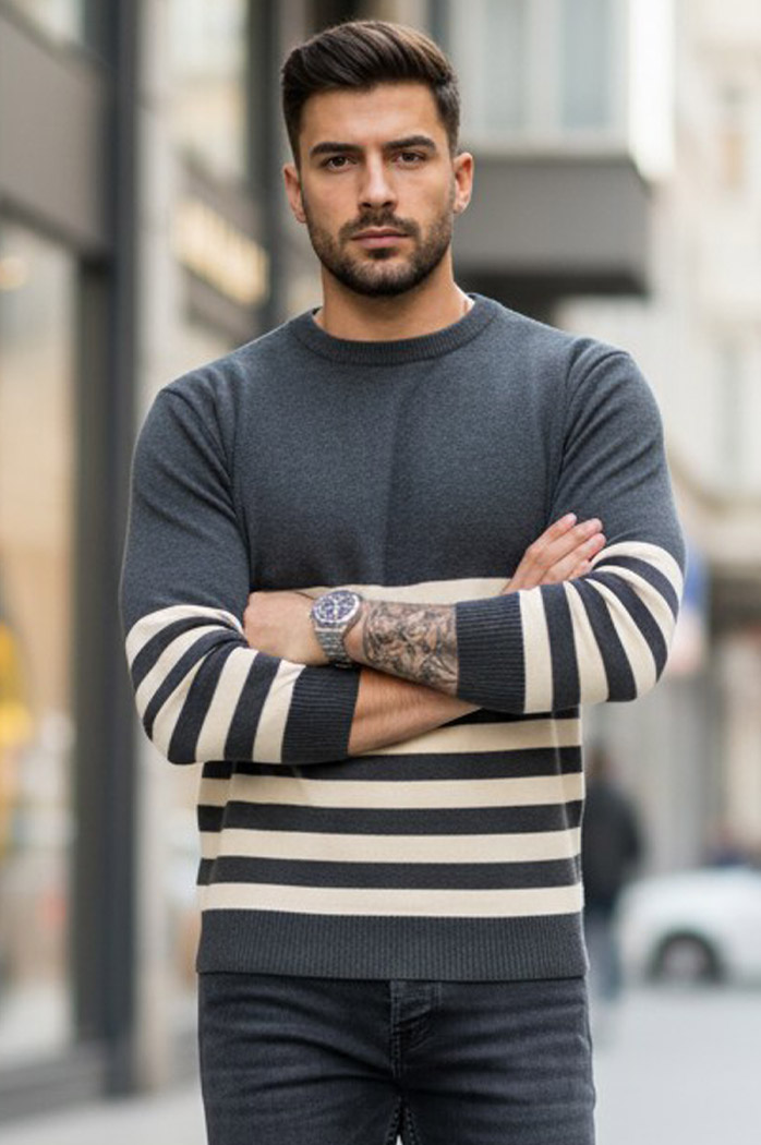 Moški črtast pulover Barva Temno siva DSTREET WX2133