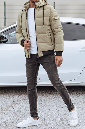 Kurtka zimowa męska pikowana z kapturem beżowa Dstreet TX4838