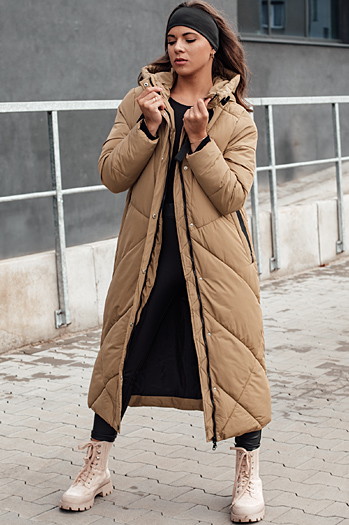 Ženska zimska dolga prešita jakna s kapuco STREETFIT beige Dstreet TY4600