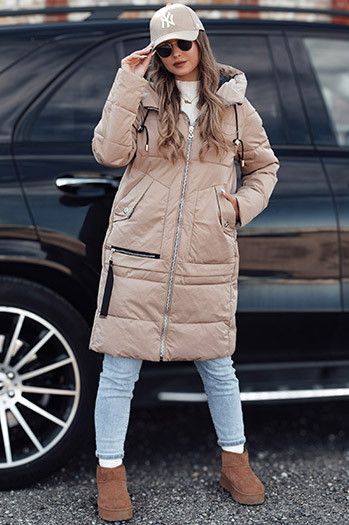 Ženska zimska jakna NORFFI dolga prešita s kapuco bež Dstreet TY4662
