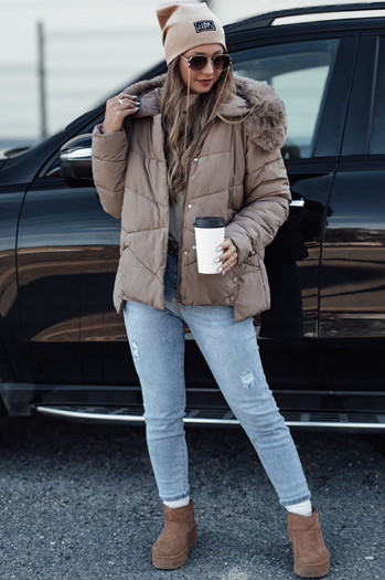 Ženska zimska jakna FIXMIX prešita s kapuco temno bež Dstreet TY4674