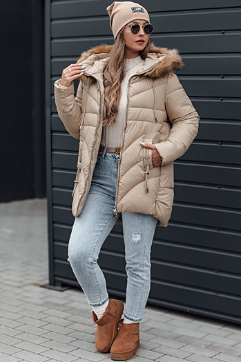 Ženska zimska jakna MELOMA prešita s kapuco svetlo bež Dstreet TY4714