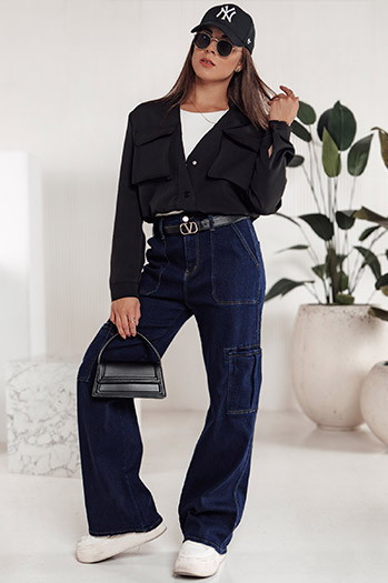 Ženske vrečaste hlače FITZONE denim cargo temno modra Dstreet UY2243