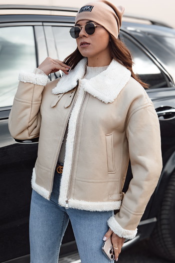 Ženska usnjena jakna FURBLAZE z ovčjo kožo Dstreet beige TY4731
