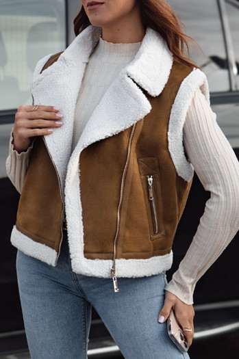 Ženski telovnik iz semiša z ovčjo kožo WOOLZIP camel Dstreet TY4741