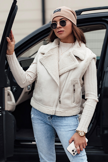 Ženski telovnik iz semiša z ovčjo kožo WOOLZIP white Dstreet TY4743