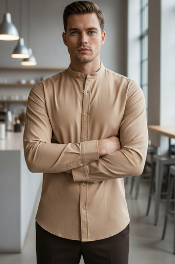 Moška bež srajca v bež barvi s pokončnim ovratnikom Dstreet DX2601