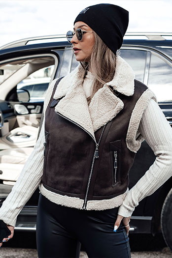 Ženski telovnik iz semiša z ovčjo kožo WOOLZIP kava Dstreet TY4746