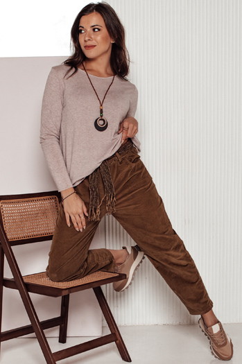 Ženske hlače iz velurja ene velikosti SOFTYLA v črtasti kamelji barvi Dstreet UY2279