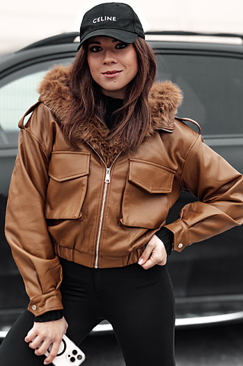 Ženska usnjena jakna s krznom SOFTREBEL brown Dstreet TY4761
