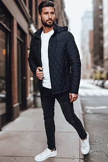 Moška prešita jakna s kapuco mornarsko modra Dstreet TX4988