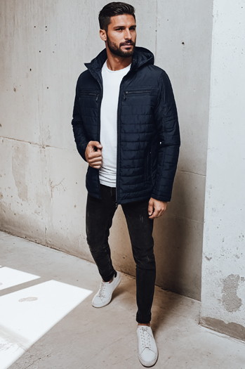 Moška prešita jakna s kapuco mornarsko modra Dstreet TX4993