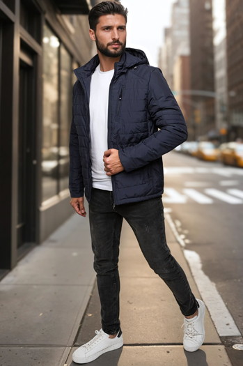 Moška prehodna prešita jakna s kapuco mornarsko modra Dstreet TX5004