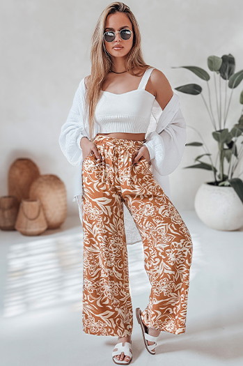 Ženske hlače iz tkanine s širokimi nogami TROPICAL SUN camel Dstreet UY2633