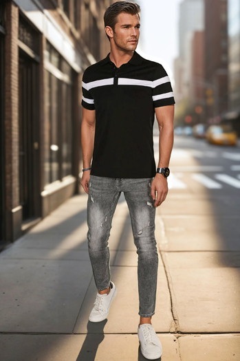 Moška polo majica s črtami črna Dstreet PX0631