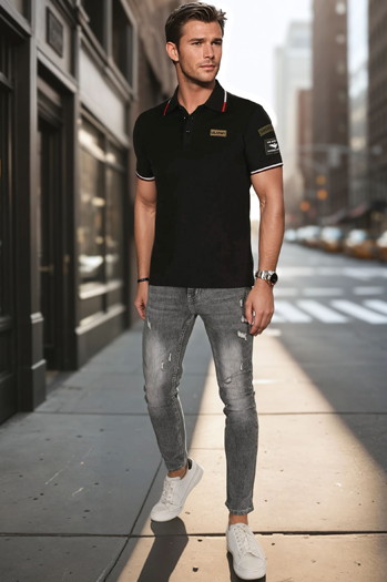 Moška polo majica z našitki črna Dstreet PX0632