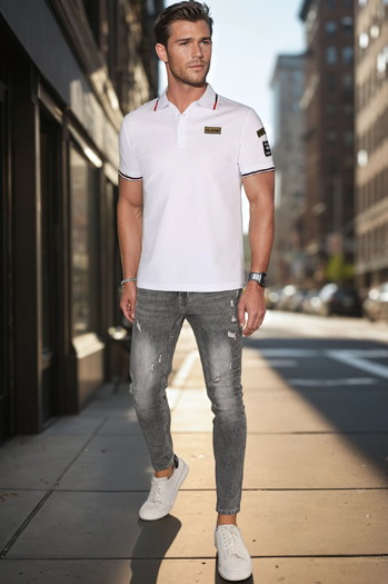 Moška polo majica z našitki bela Dstreet PX0635