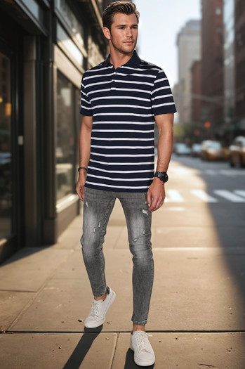 Moška črtasta polo majica mornarsko modra Dstreet PX0637