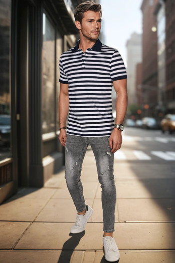 Moška črtasta polo majica mornarsko modra Dstreet PX0641