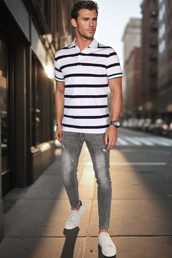 Moška črtasta polo majica bela Dstreet PX0645