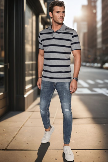 Moška črtasta polo majica svetlo siva Dstreet PX0646