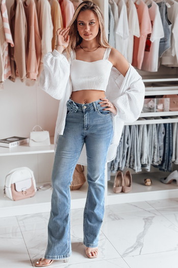 Ženske jeans hlače na zvonec s cvetjem FLOWERSSE modra Dstreet UY2677