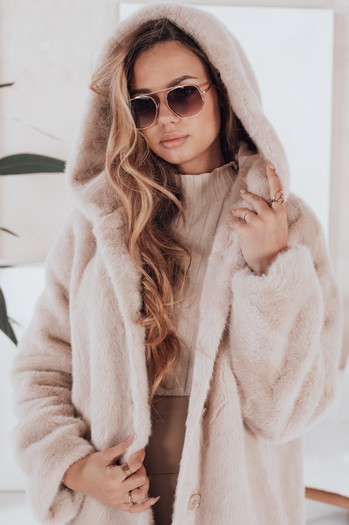 Ženski krznen plašč HELLOCHIC long beige Dstreet TY4987