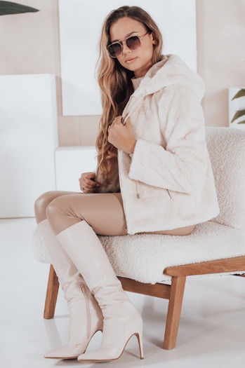 Ženski kratki plašč ELMIRIS beige krznen plašč Dstreet TY4994