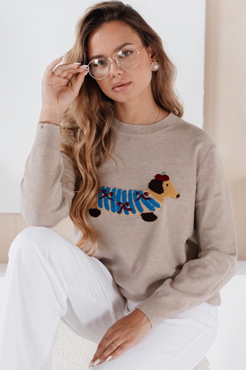 Ženski pulover CHICPAWS s pasjo aplikacijo v bež barvi Dstreet MY2543