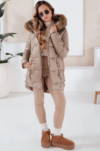 Ženska zimska bunda NORINA prešita s krznom camel Dstreet TY5056