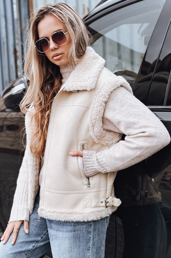 Ženski usnjeni telovnik z ovčjo kožo bež barve Dstreet TY5238