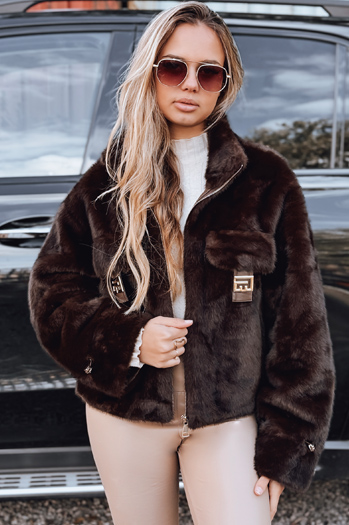 Ženski kratki rjavi krznen plašč Dstreet TY5241