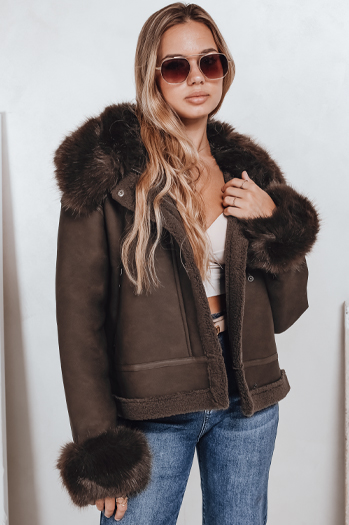 Ženska usnjena jakna s krznom rjave barve Dstreet TY5243