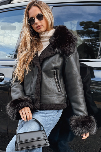 Ženska usnjena jakna z umetnim krznom črna Dstreet TY5244