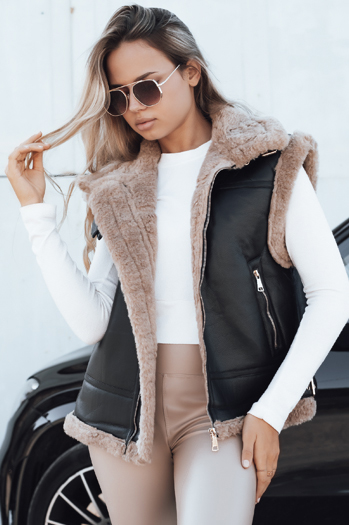 Ženski usnjeni telovnik z ovčjo kožo črn Dstreet TY5251