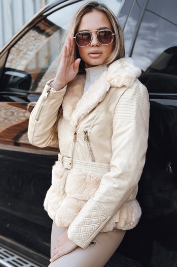 Ženska usnjena jakna ramones s krznom krem Dstreet TY5275