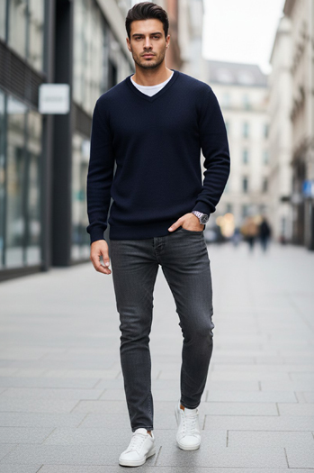 Moški temno modri pulover z vratom Dstreet WX2315