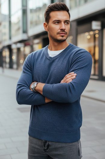 Moški modri pulover z v-izrezom Dstreet WX2317