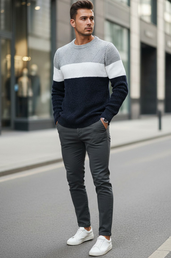 Moški pulover z okroglim vratnim izrezom sive barve mornarsko modre barve Dstreet WX2320