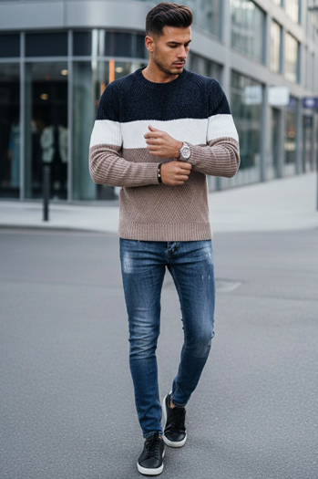 Moški pulover z okroglim izrezom mornarsko modra in bež barva Dstreet WX2321