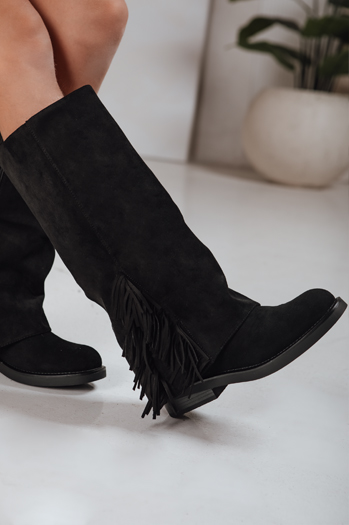 Ženski semiš škornji z naramnicami črne barve Dstreet ZY1268