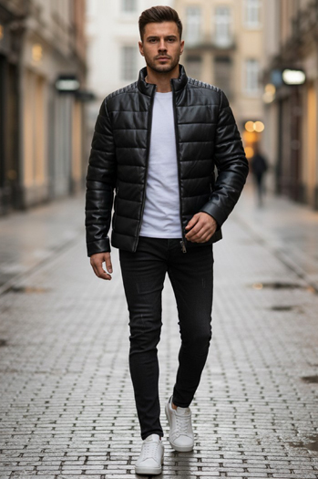 Moška prešita zimska usnjena jakna črna Dstreet TX5114