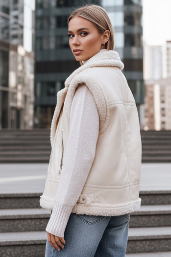 Ženski usnjeni telovnik z ovčjo kožo bež barve Dstreet TY5238z