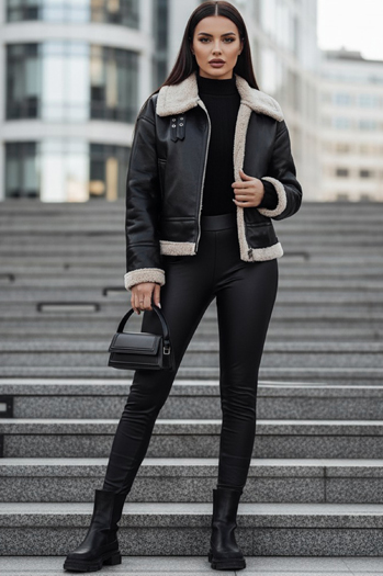 Ženska usnjena jakna SHEREB z ovčjo kožo črna Dstreet TY4756z