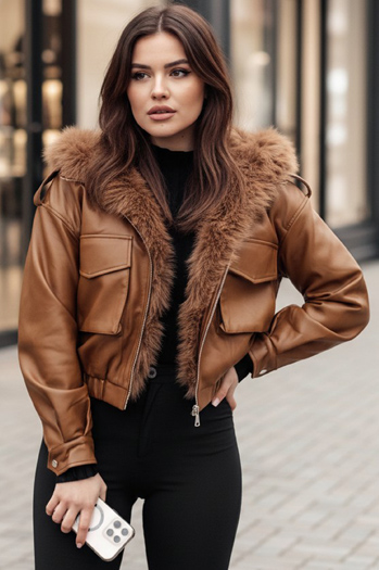 Ženska usnjena jakna s krznom SOFTREBEL brown Dstreet TY4761z