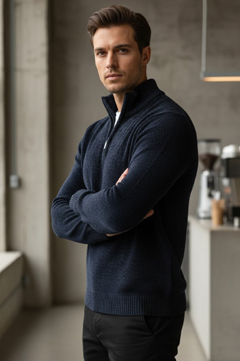 Moški pulover s stoječim ovratnikom mornarsko modra Dstreet WX2349