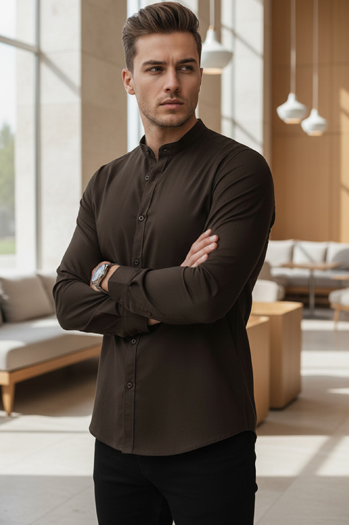 Moška srajca s pokončnim ovratnikom rjave barve Dstreet DX2678