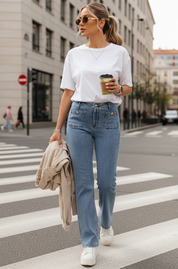 Ženske kavbojke s širokim pasom modre barve Dstreet UY2867